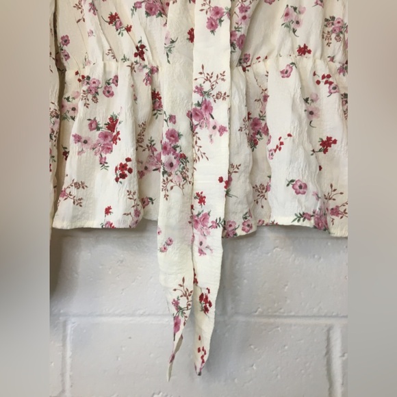 Floral Tie-Front Blouse - Cream and Pink - Picture 8 of 16